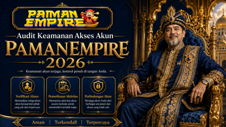 Banner Audit Keamanan Akses Akun PAMANEMPIRE 2026 dengan tema paman sultan, menampilkan verifikasi akses, pemeriksaan aktivitas, dan perlindungan akun.