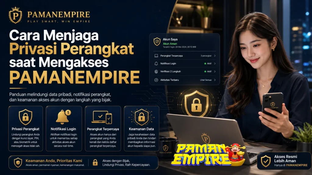 Wanita menggunakan laptop dan ponsel dengan panduan menjaga privasi perangkat saat mengakses PAMANEMPIRE