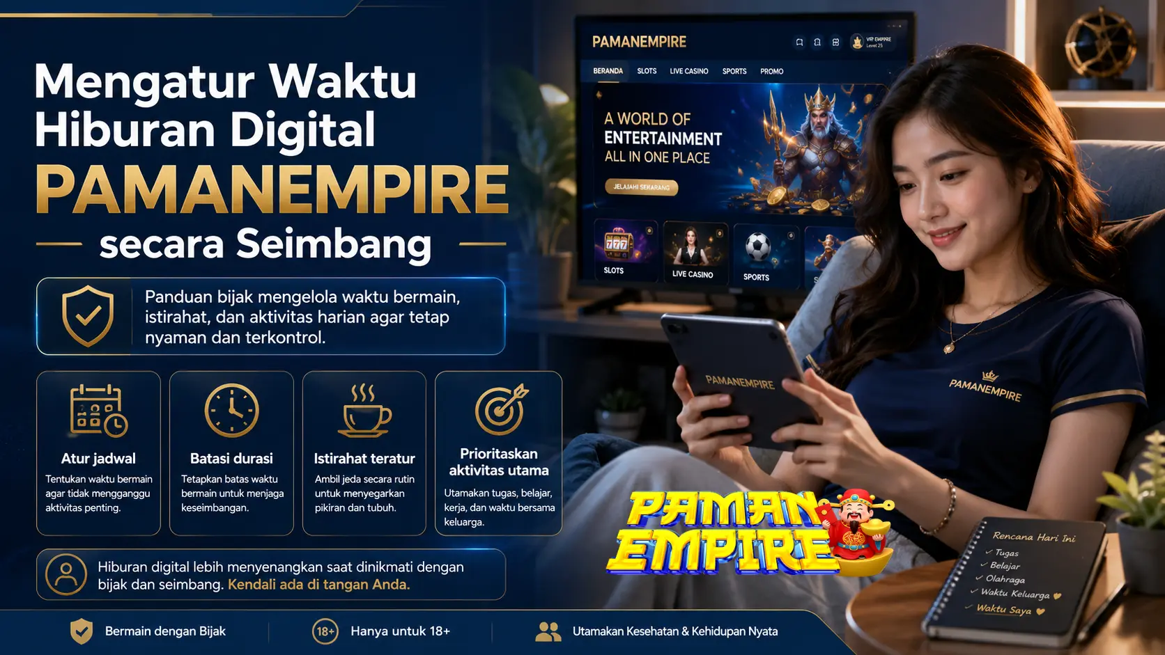 Wanita menggunakan tablet sambil mengatur waktu hiburan digital PAMANEMPIRE secara seimbang