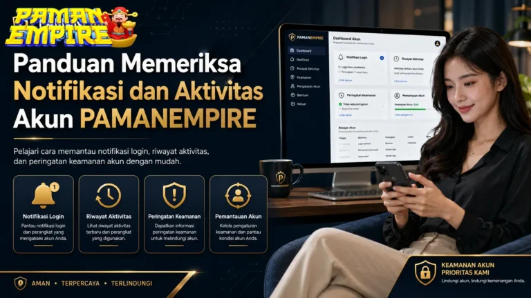 Wanita memeriksa notifikasi dan riwayat aktivitas akun PAMANEMPIRE melalui ponsel dan komputer