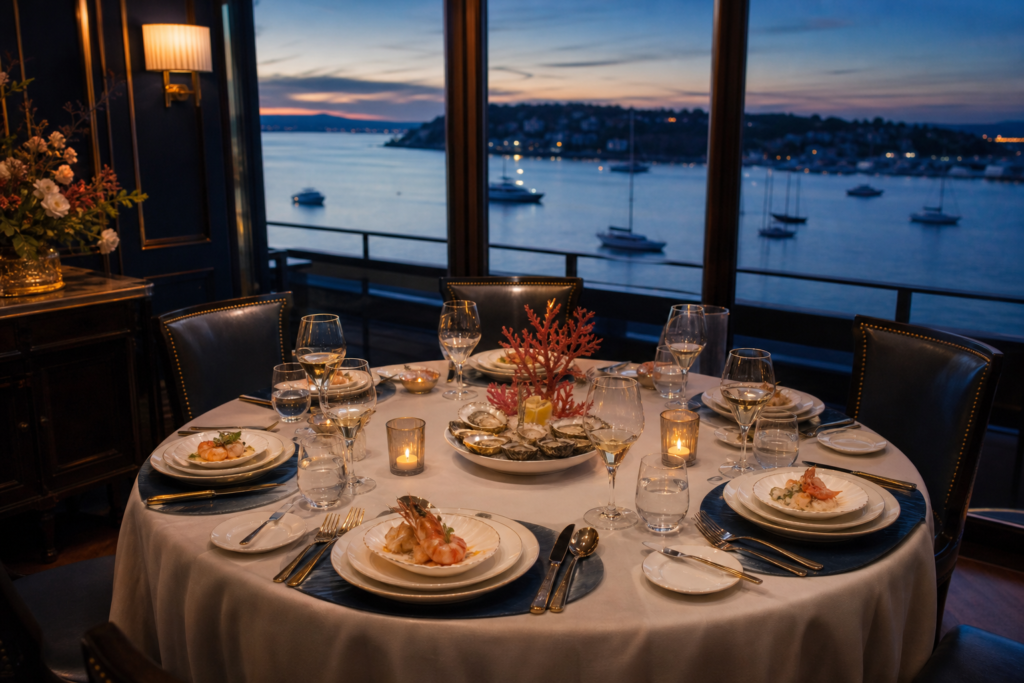 Meja private dining seafood dengan pemandangan teluk