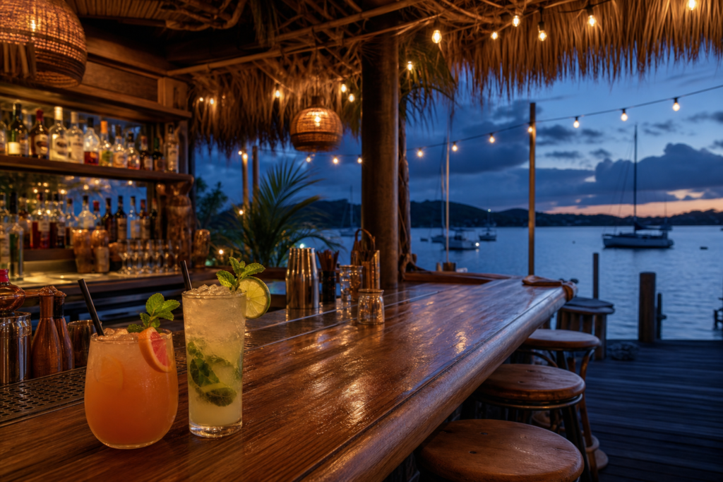 Tiki bar tepi air dengan pilihan cocktail saat senja